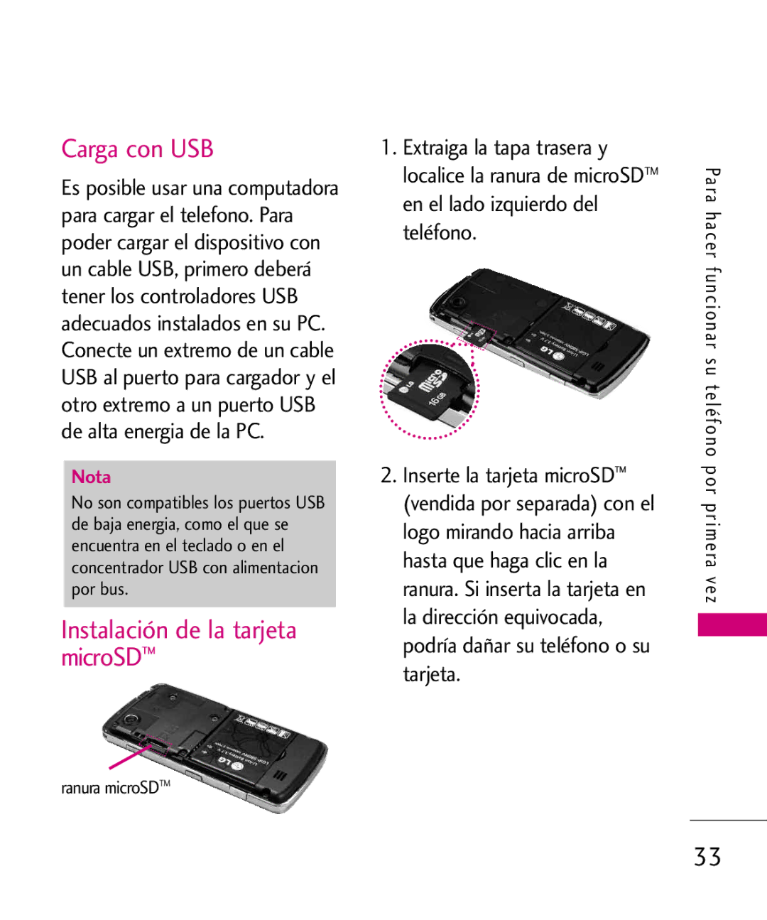 LG Electronics 8575 manual Carga con USB, Instalación de la tarjeta microSD 