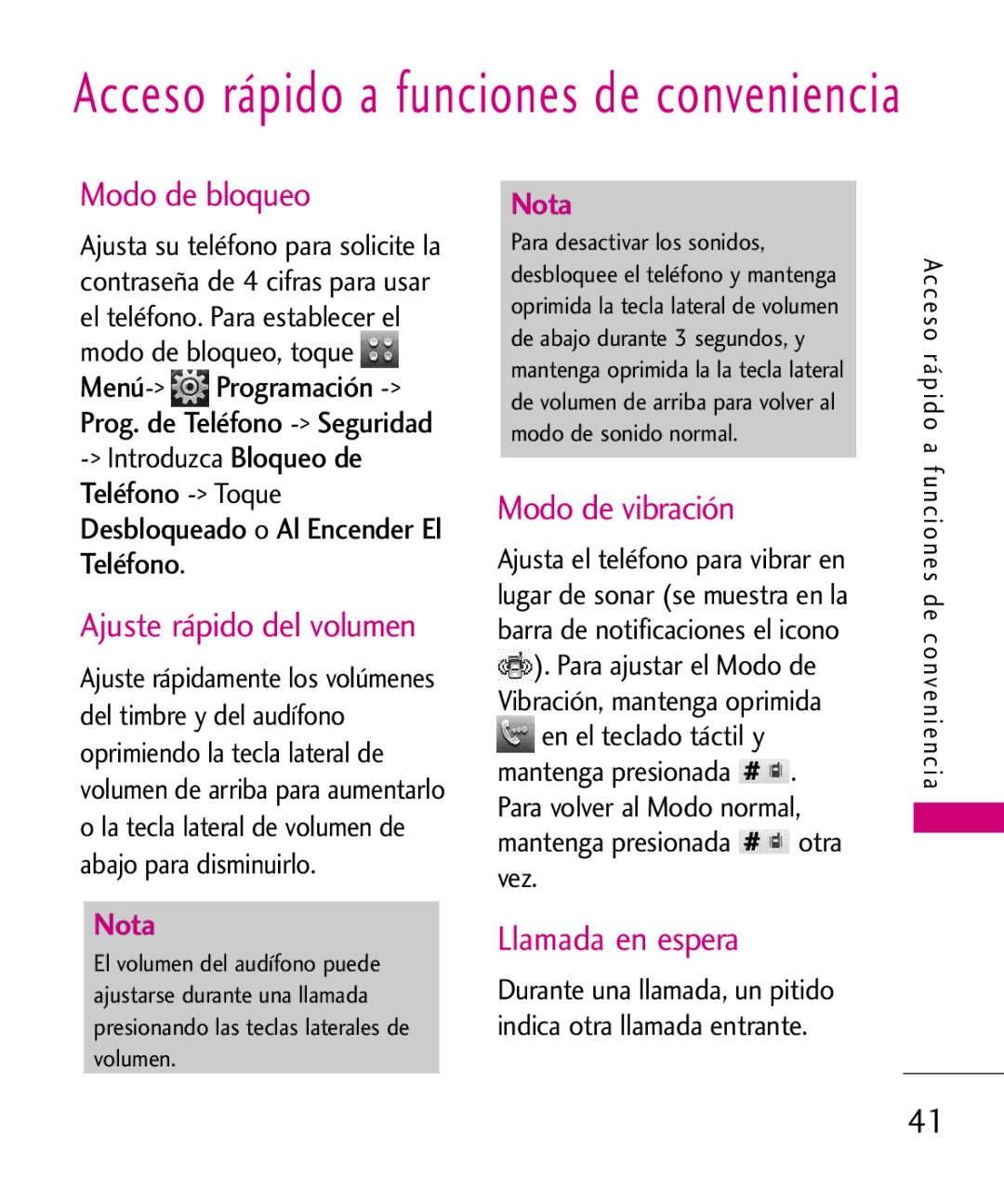 LG Electronics 8575 manual Modo de bloqueo, Ajuste rápido del volumen, Modo de vibración, Llamada en espera, Teléfono. o 