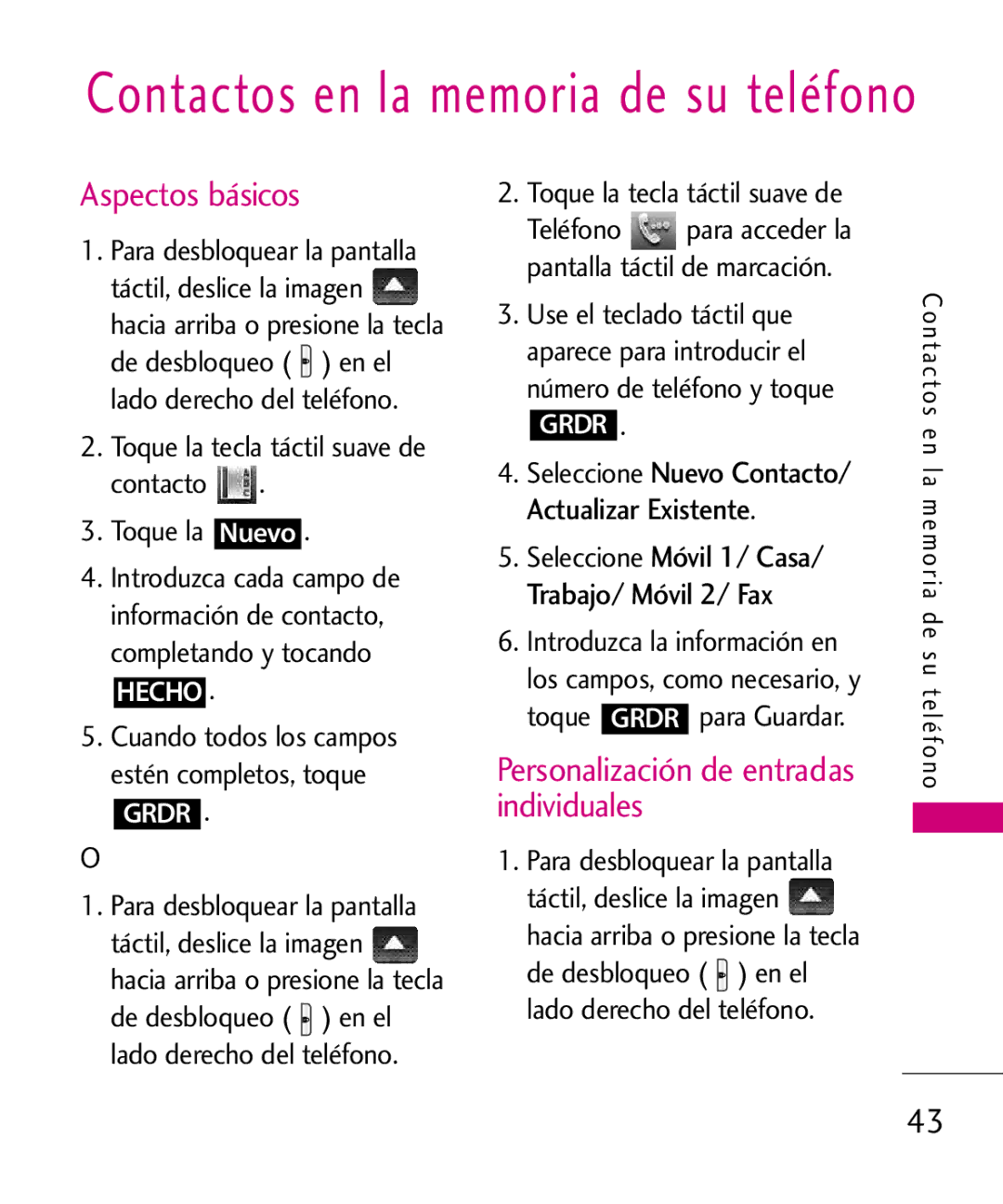 LG Electronics 8575 manual Aspectos básicos, Personalización de entradas individuales, Trabajo/ Móvil 2/ Fax 