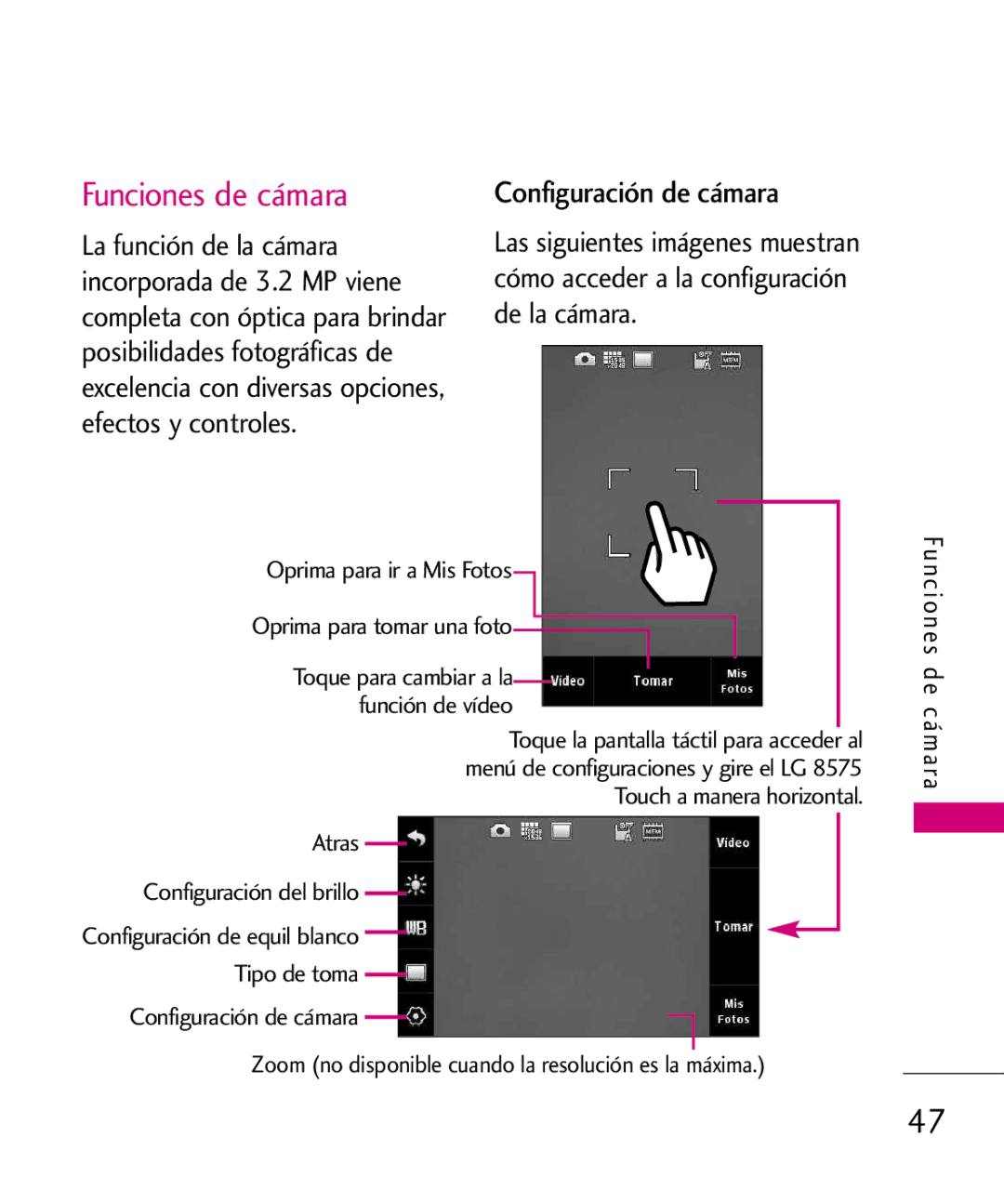 LG Electronics 8575 manual Funciones de cámara, Configuración de cámara, Oprima para ir a Mis Fotos 