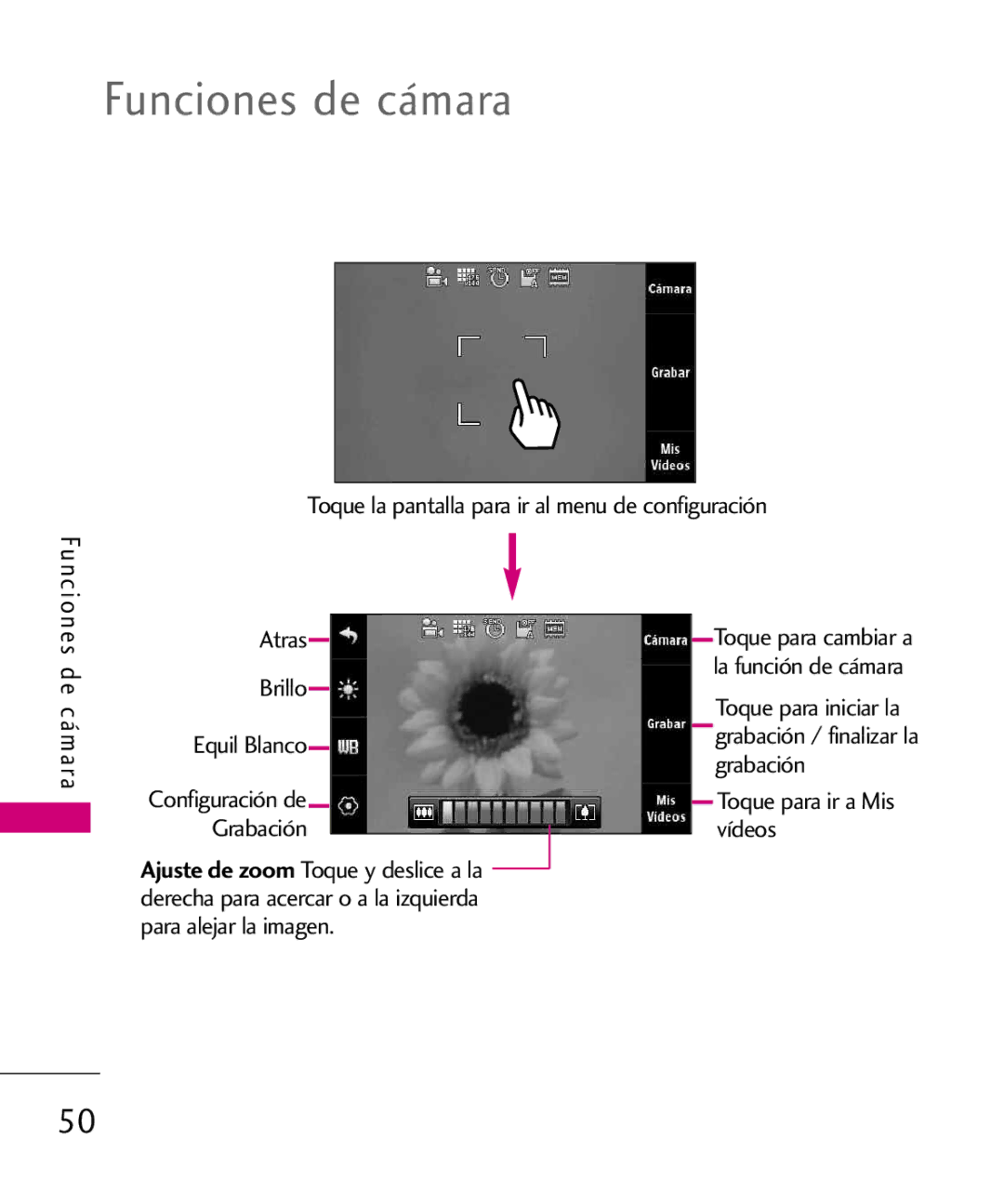 LG Electronics 8575 manual Funciones de cámara, Toque para ir a Mis vídeos 