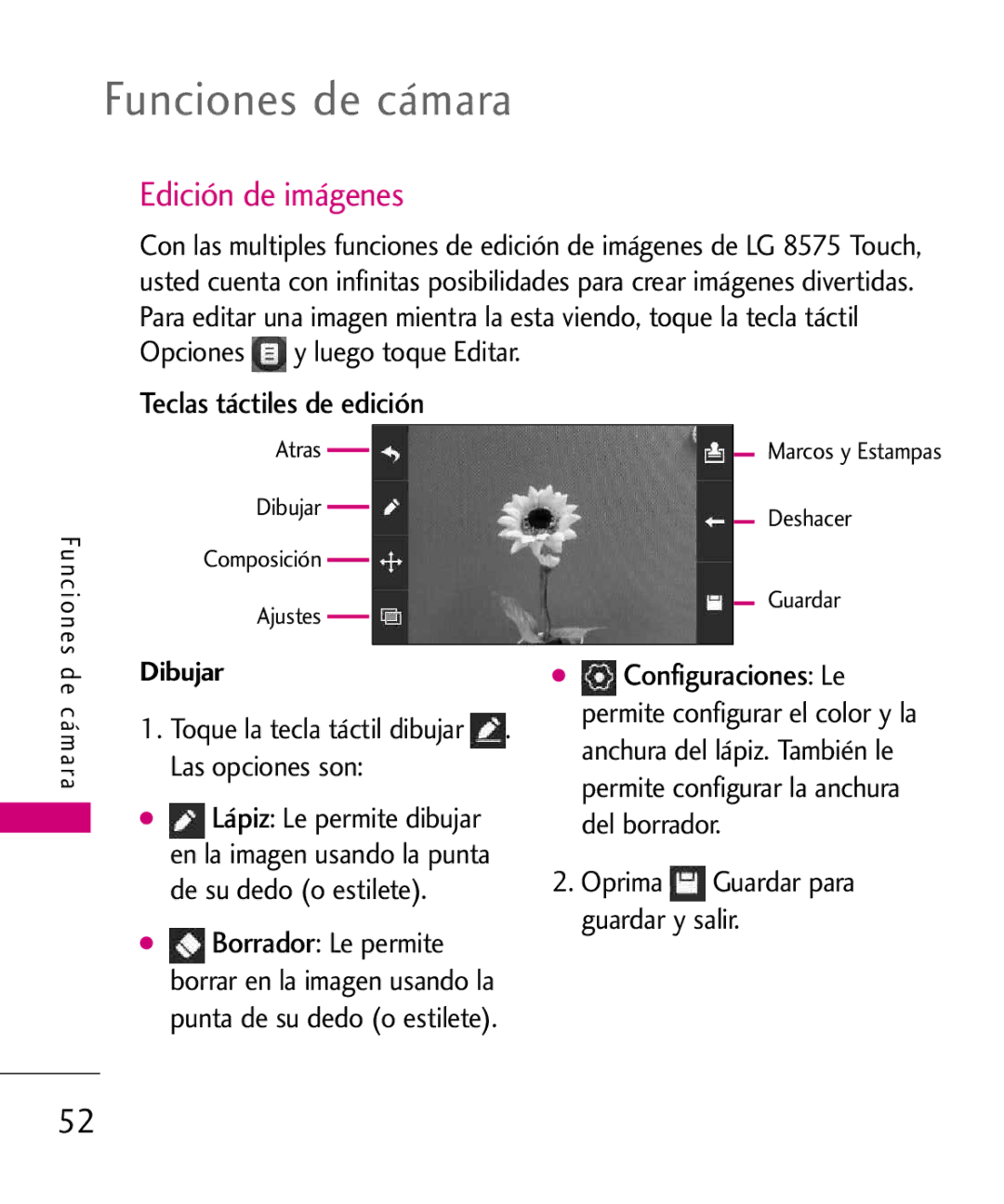 LG Electronics 8575 manual Edición de imágenes, Teclas táctiles de edición, Opciones y luego toque Editar 