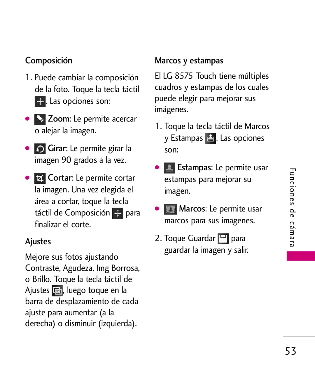 LG Electronics 8575 manual Composición, Ajustes, Marcos y estampas, Las opciones son 