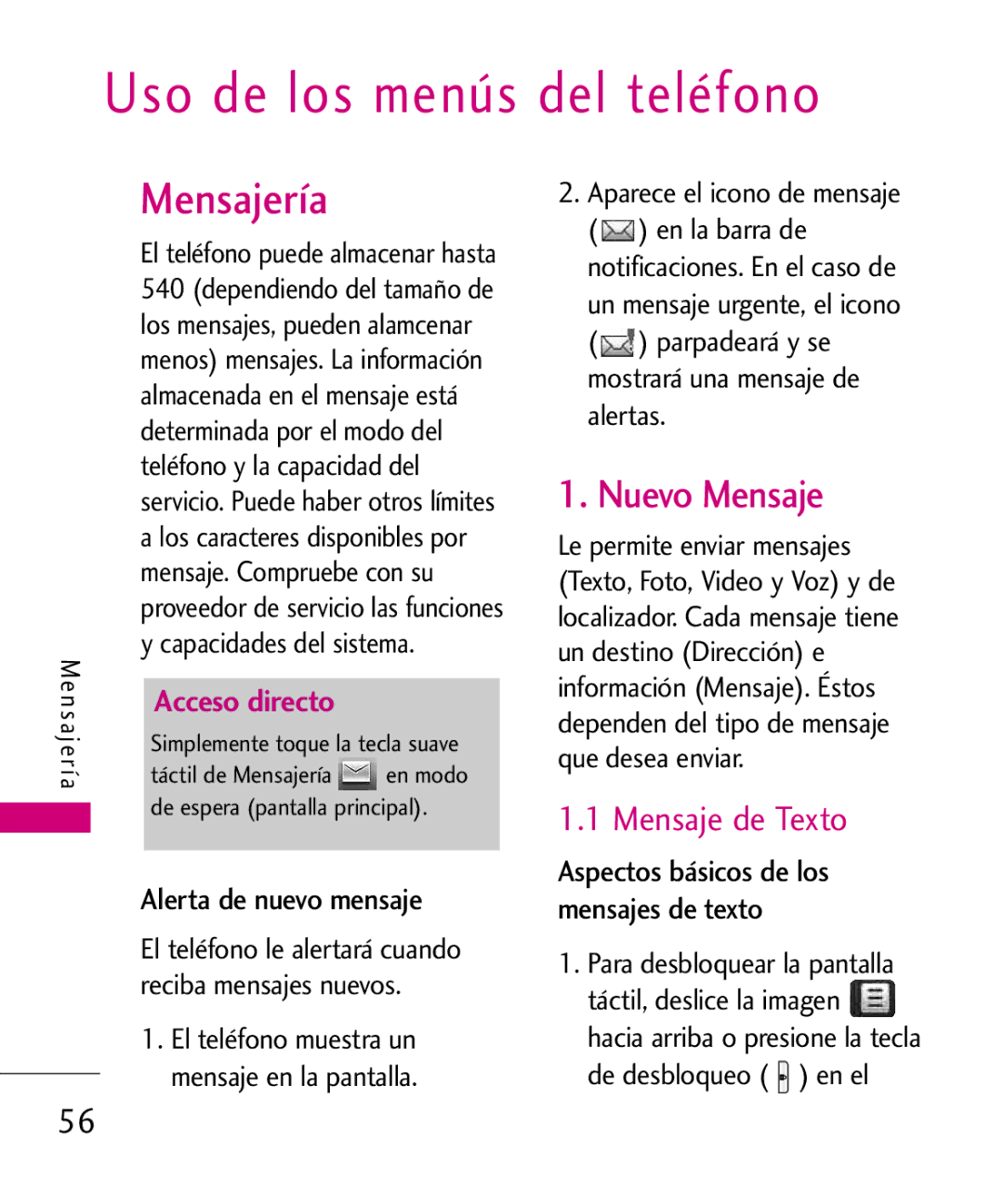 LG Electronics 8575 manual Nuevo Mensaje, Alerta de nuevo mensaje, El teléfono muestra un Mensaje en la pantalla 