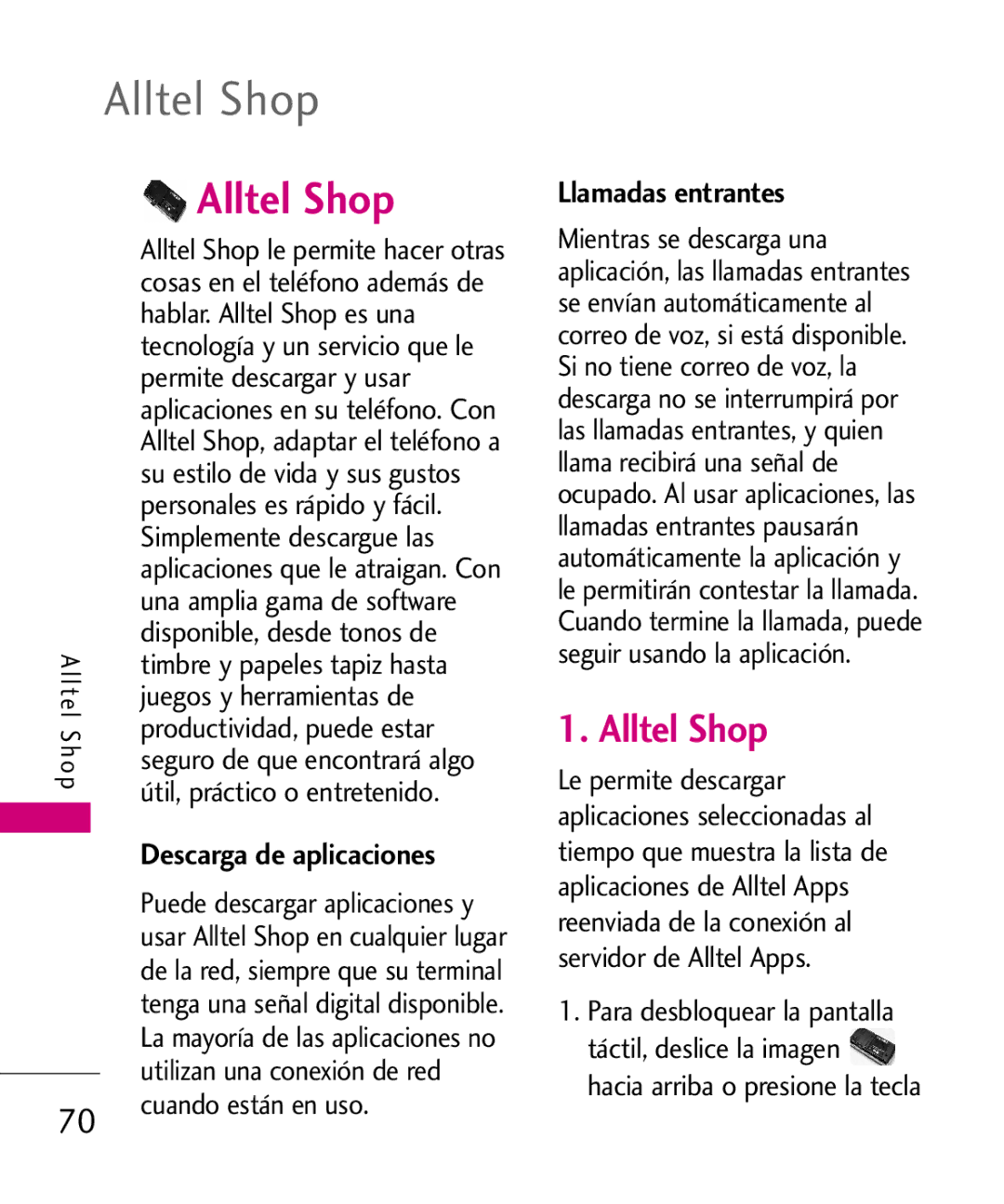 LG Electronics 8575 manual Alltel Shop, Llamadas entrantes 