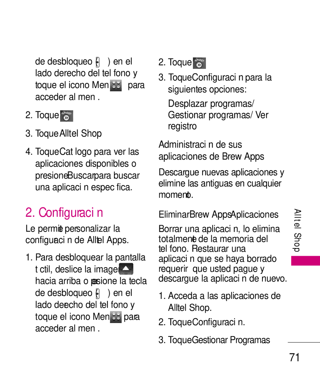 LG Electronics 8575 manual Toque Alltel Shop, Toque Configuración Toque Gestionar Programas 
