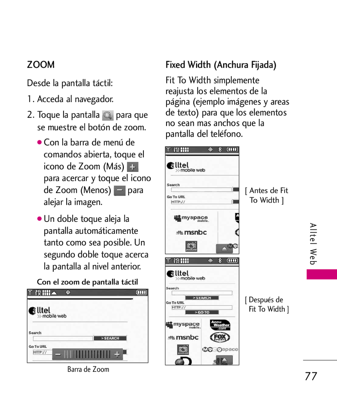 LG Electronics 8575 Fixed Width Anchura Fijada, Desde la pantalla táctil Acceda al navegador, Alltel Web Barra de Zoom 