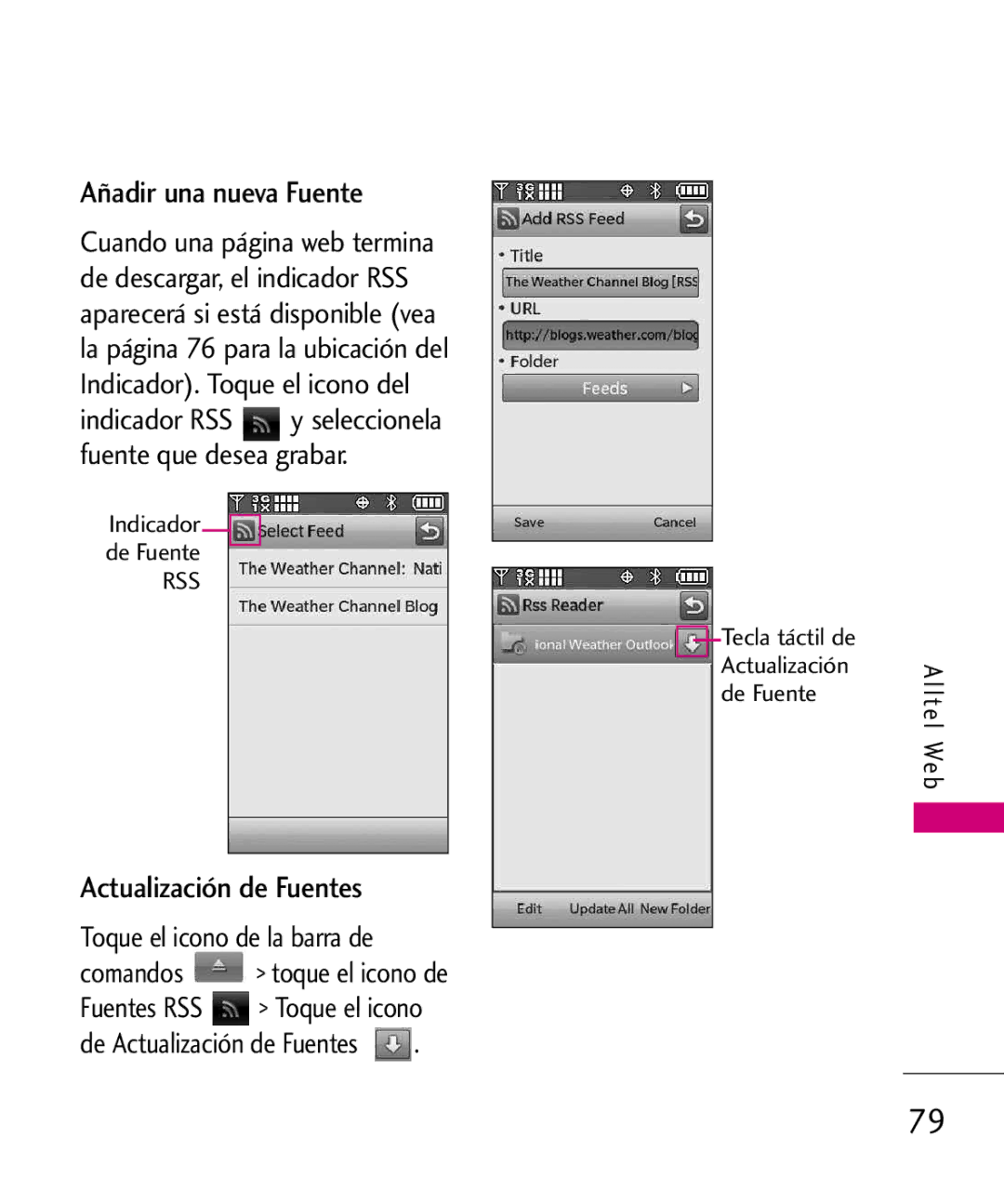 LG Electronics 8575 manual Añadir una nueva Fuente, Actualización de Fuentes, Toque el icono de la barra de 