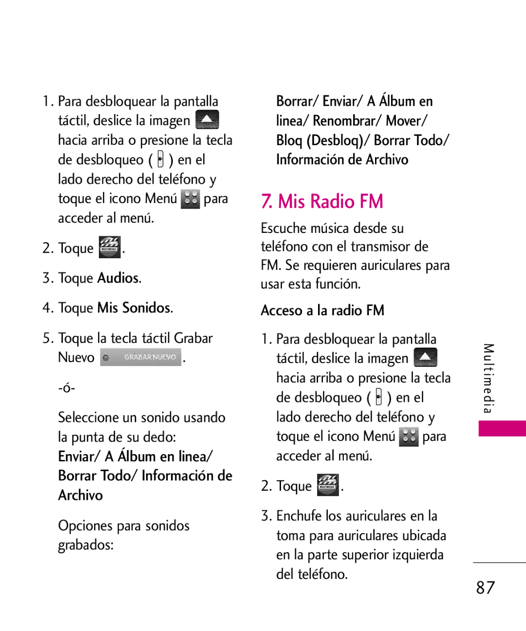 LG Electronics 8575 manual Mis Radio FM, Toque Mis Sonidos, Acceso a la radio FM, Toque Toque Audios 