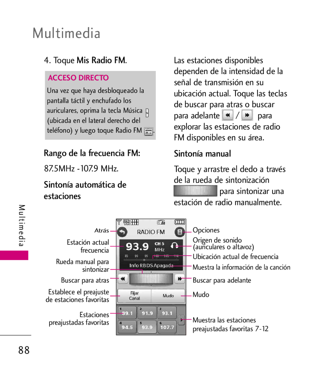 LG Electronics 8575 manual Toque Mis Radio FM, Rango de la frecuencia FM, Buscar para atras, Buscar para adelante Mudo 