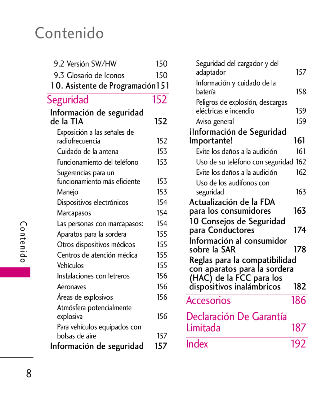 LG Electronics 8575 manual 152, Accesorios, Declaración De Garantía, Limitada, Index 