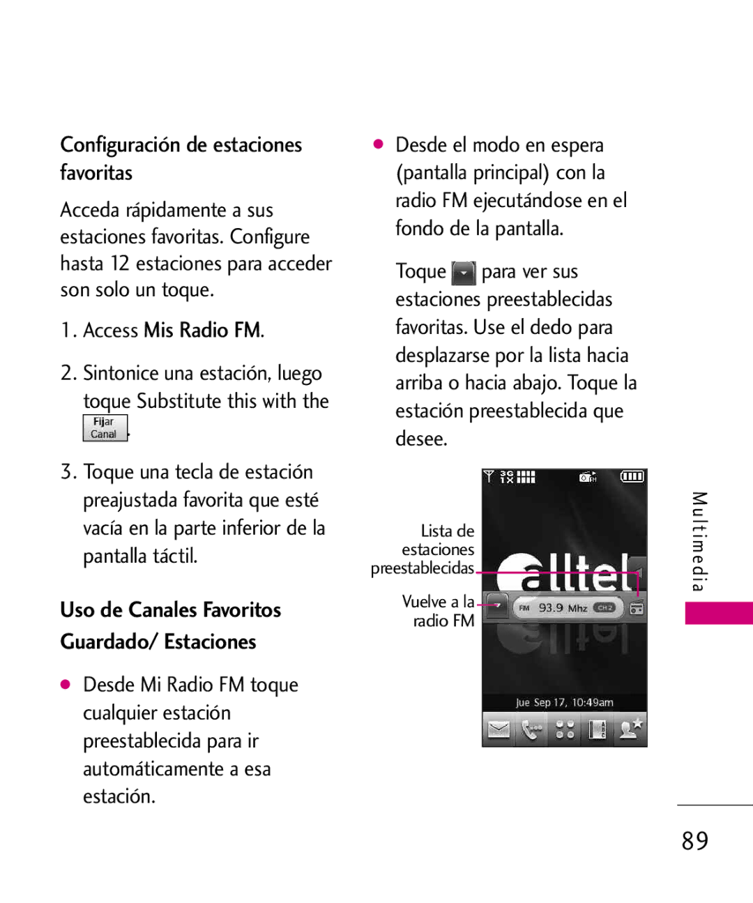 LG Electronics 8575 manual Configuración de estaciones favoritas, Access Mis Radio FM 