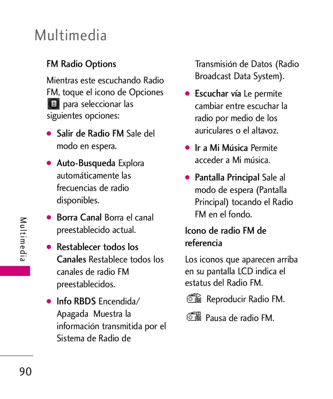 LG Electronics 8575 manual FM Radio Options, Salir de Radio FM Sale del Auto-Busqueda, Borra Canal, Restablecer todos los 