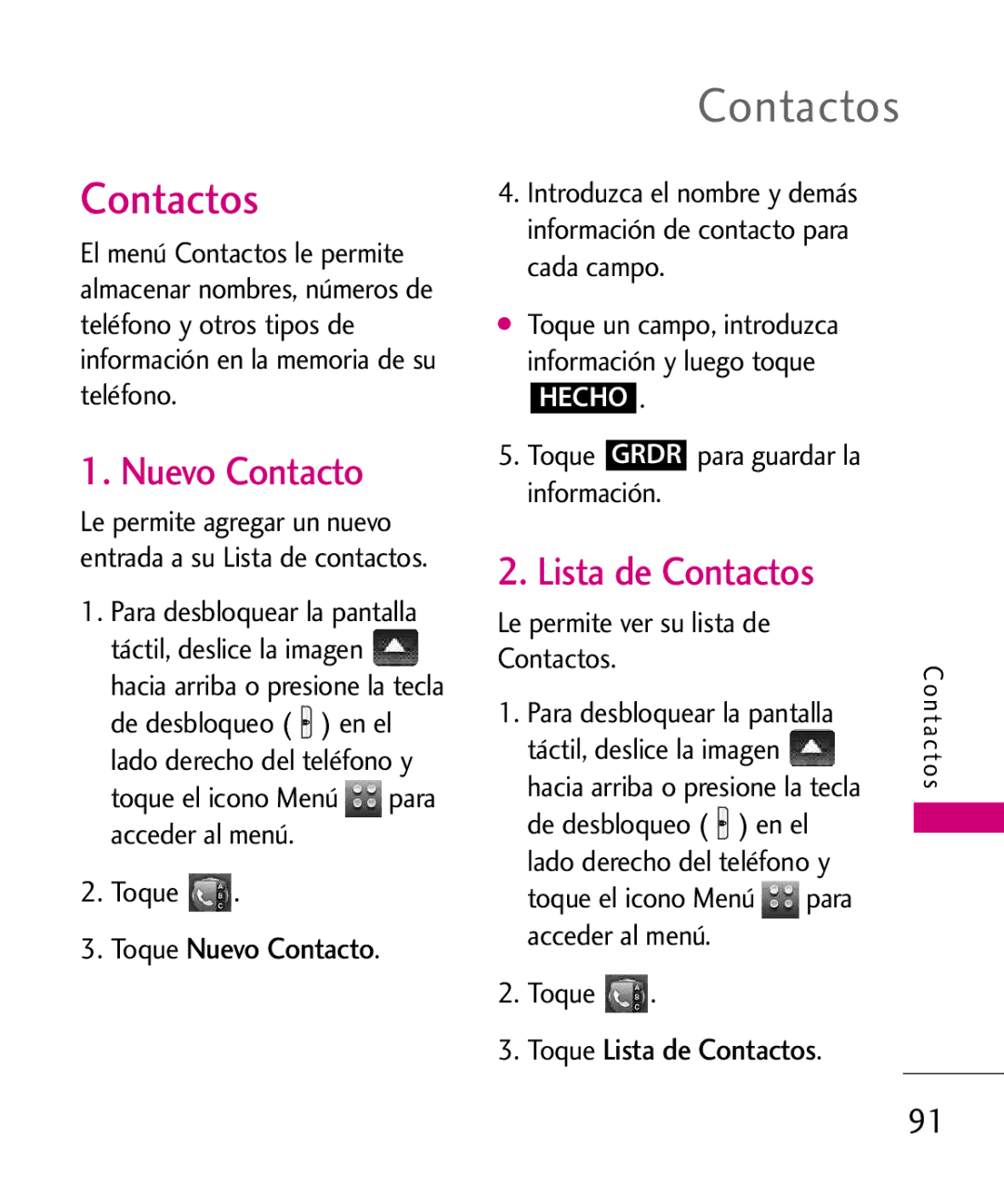 LG Electronics 8575 manual Toque Nuevo Contacto, Toque Lista de Contactos 