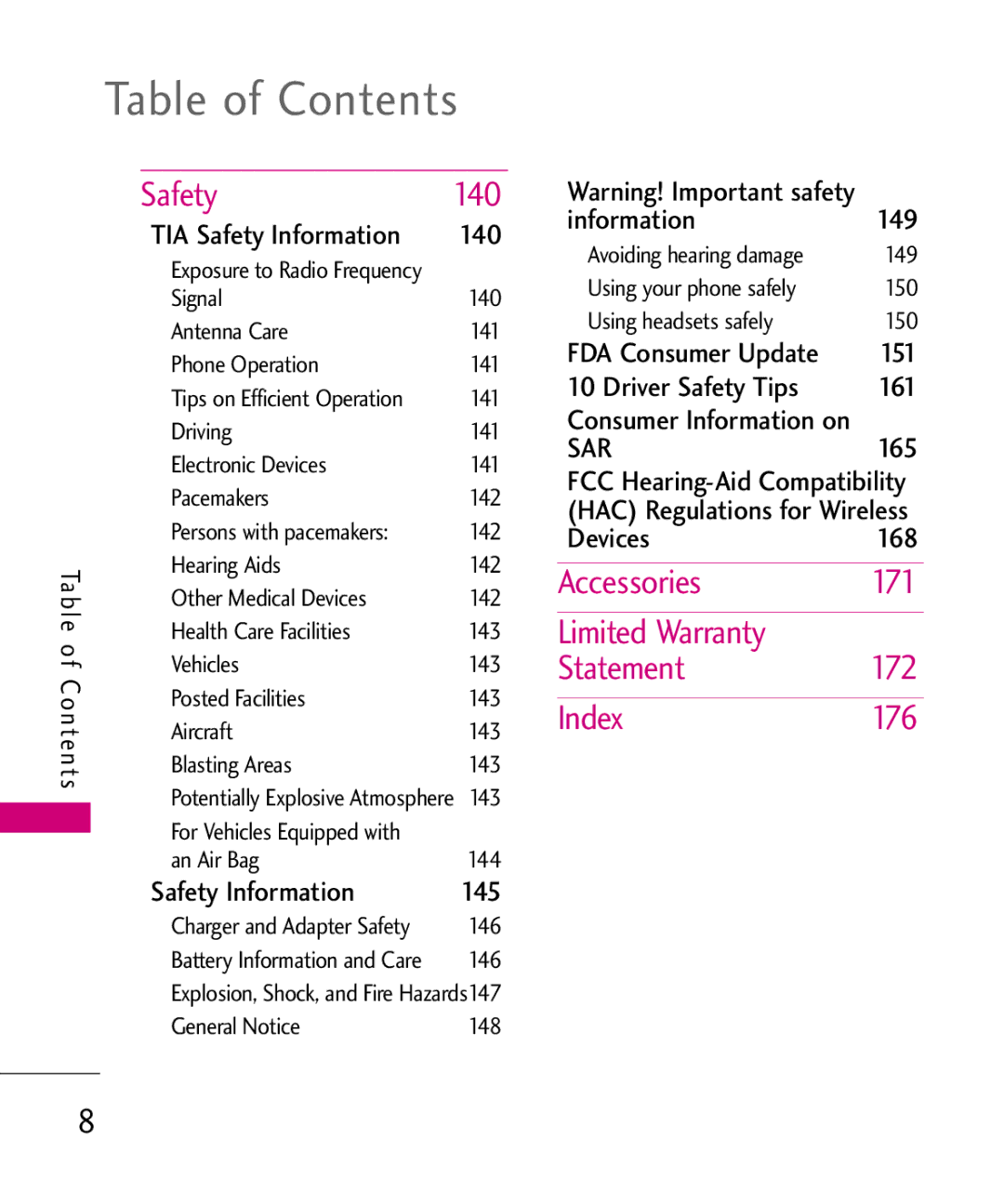 LG Electronics 8575 manual Safety 140, Accessories 171, Limited Warranty, Statement 172, Index 176 