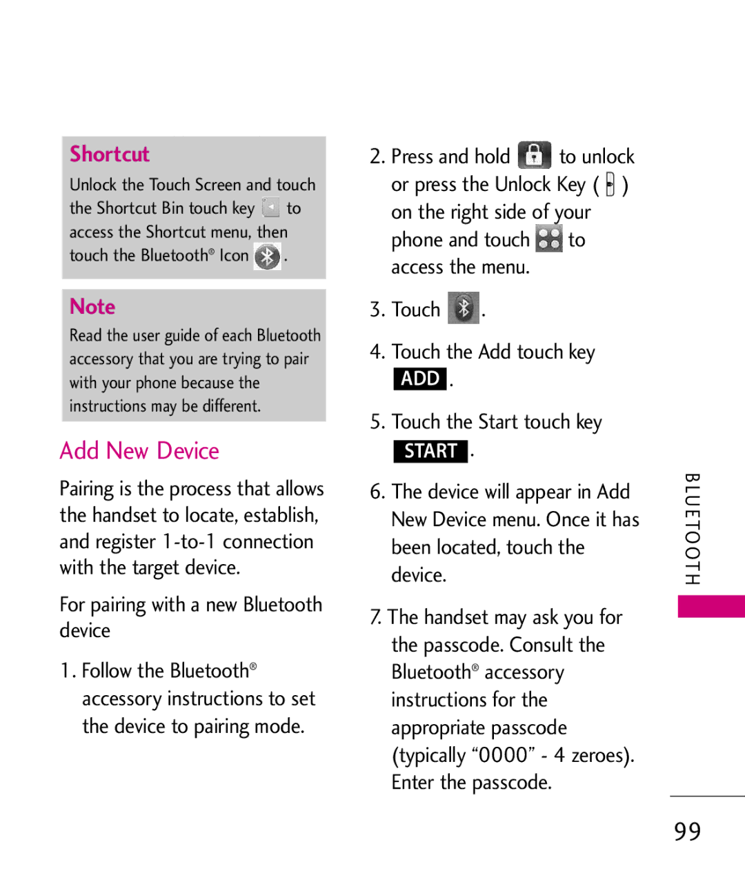 LG Electronics 8575 manual Add New Device, For pairing with a new Bluetooth device 