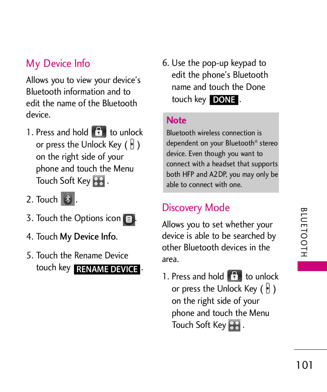 LG Electronics 8575 manual Discovery Mode, 101, Touch My Device Info, Touch Touch the Options icon 