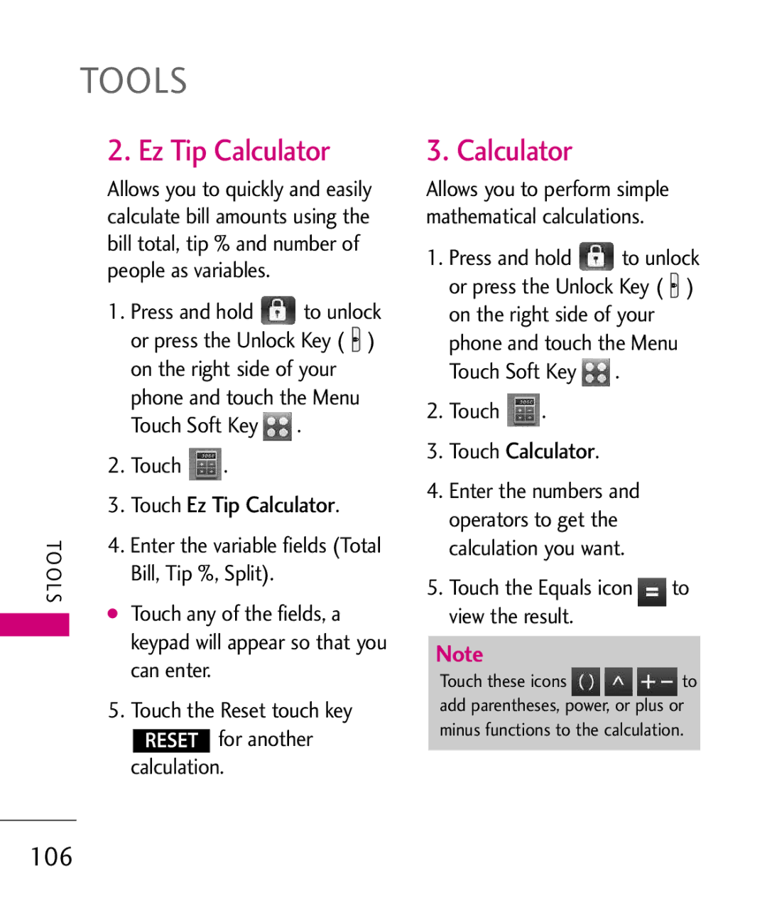 LG Electronics 8575 manual Ez Tip Calculator, 106, Touch Calculator 