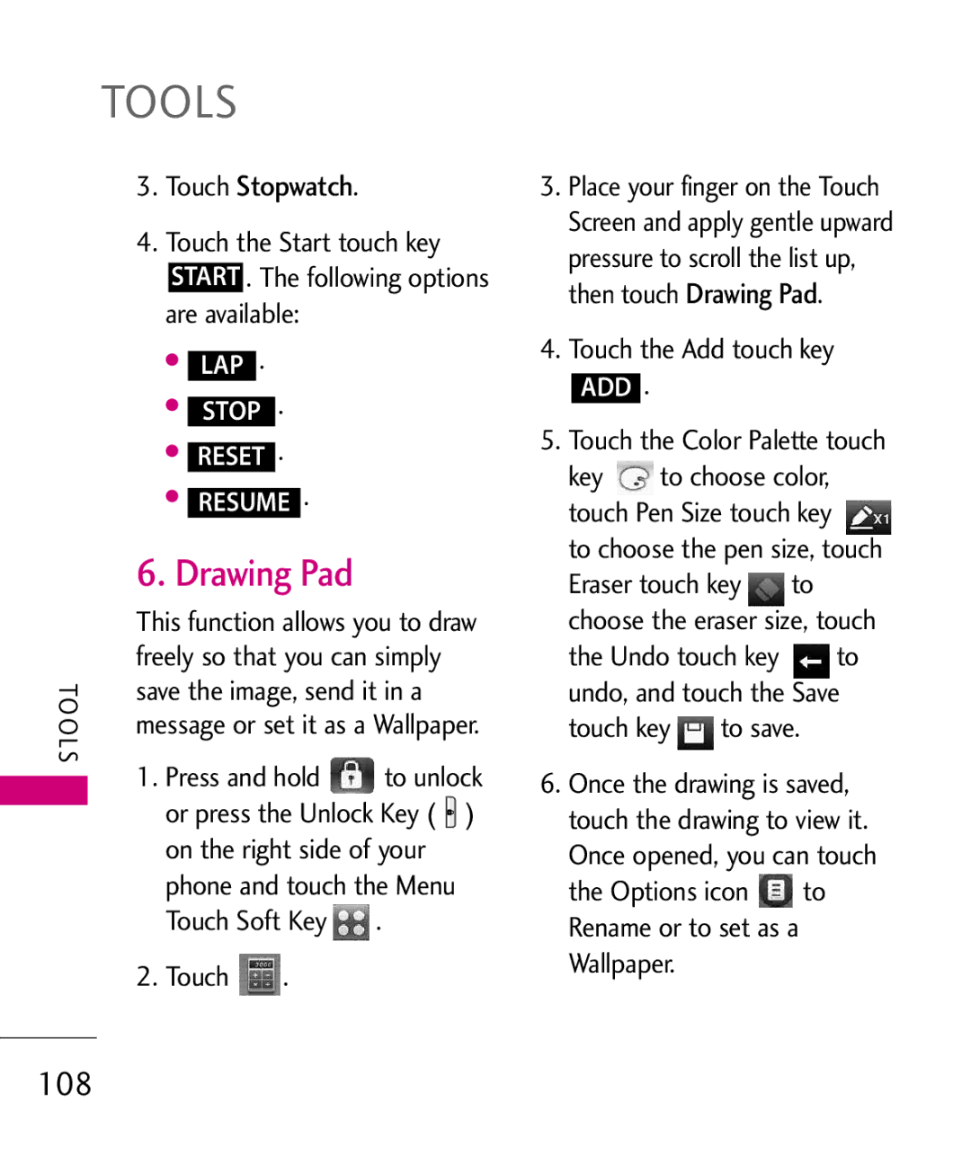 LG Electronics 8575 manual Drawing Pad, 108, Touch Stopwatch, Save the image, send it in a, Touch Soft Key 