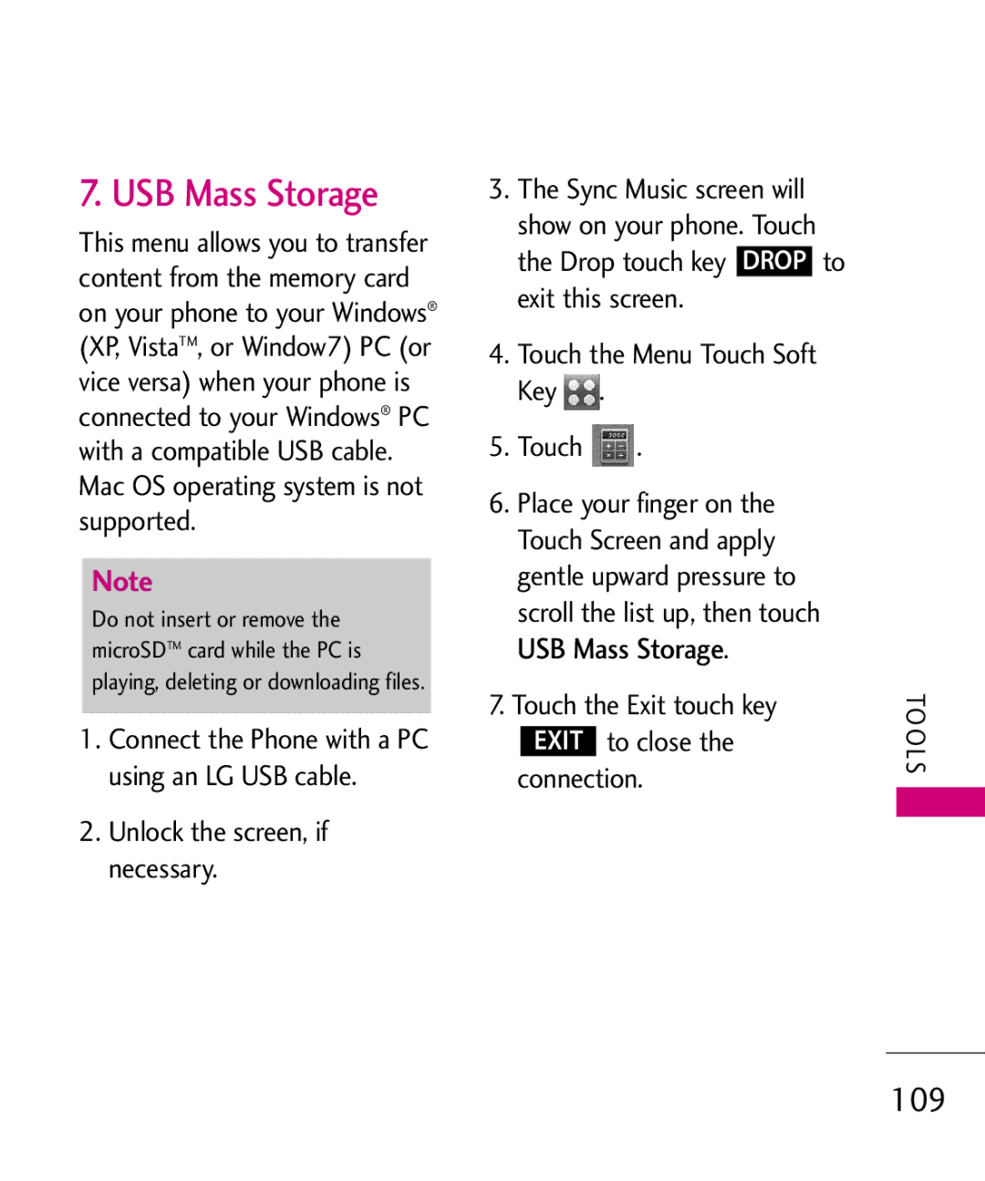 LG Electronics 8575 manual USB Mass Storage, 109, Touch the Exit touch key Exit to close the connection 