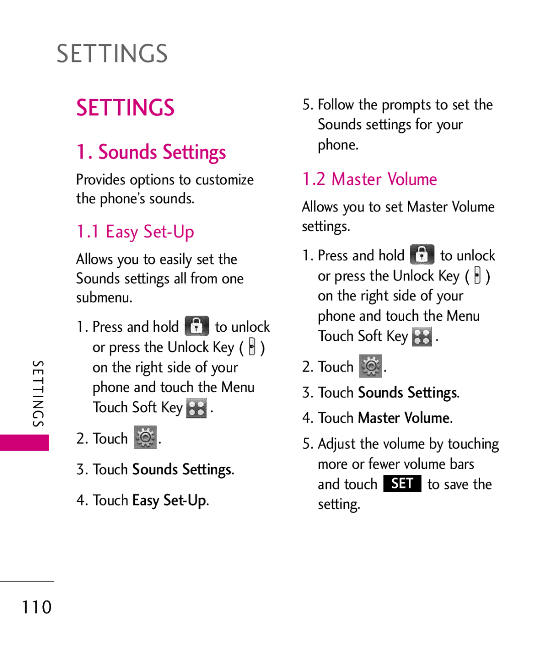 LG Electronics 8575 manual Easy Set-Up, 110, Touch Sounds Settings Touch Master Volume 