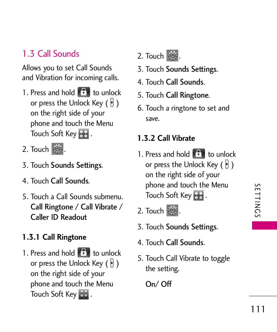 LG Electronics 8575 manual Call Sounds, 111, Call Ringtone, Call Vibrate 