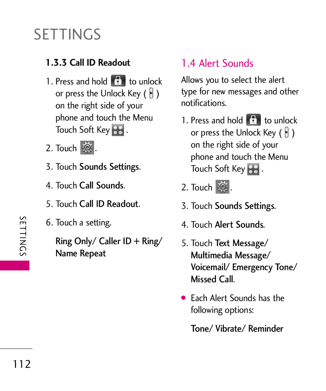 LG Electronics 8575 manual Alert Sounds, 112, Call ID Readout 