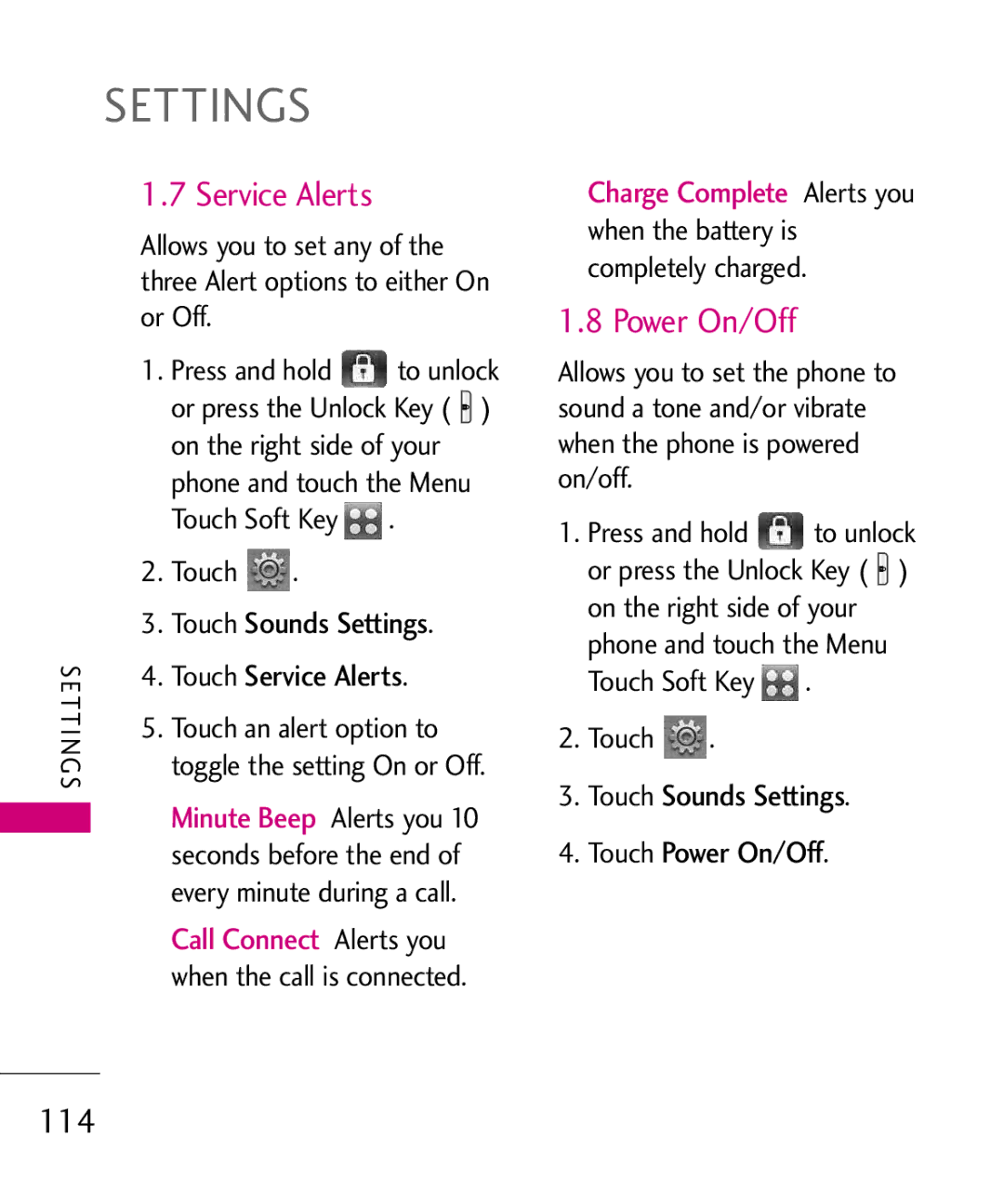 LG Electronics 8575 manual Service Alerts, Power On/Off, 114, Charge Complete Alerts you 