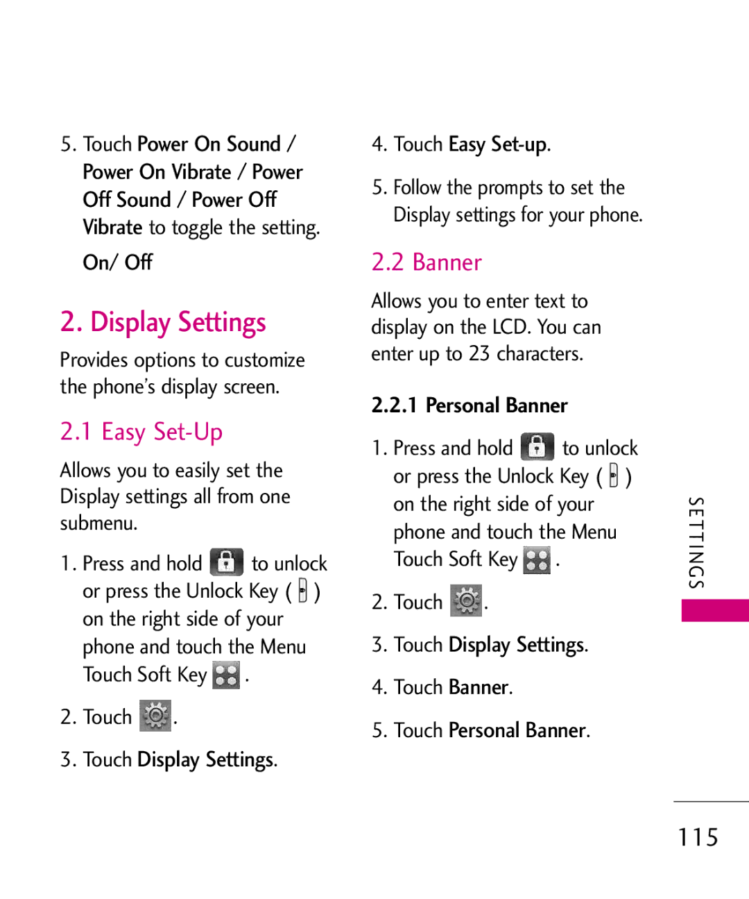 LG Electronics 8575 manual Display Settings, 115, Personal Banner 