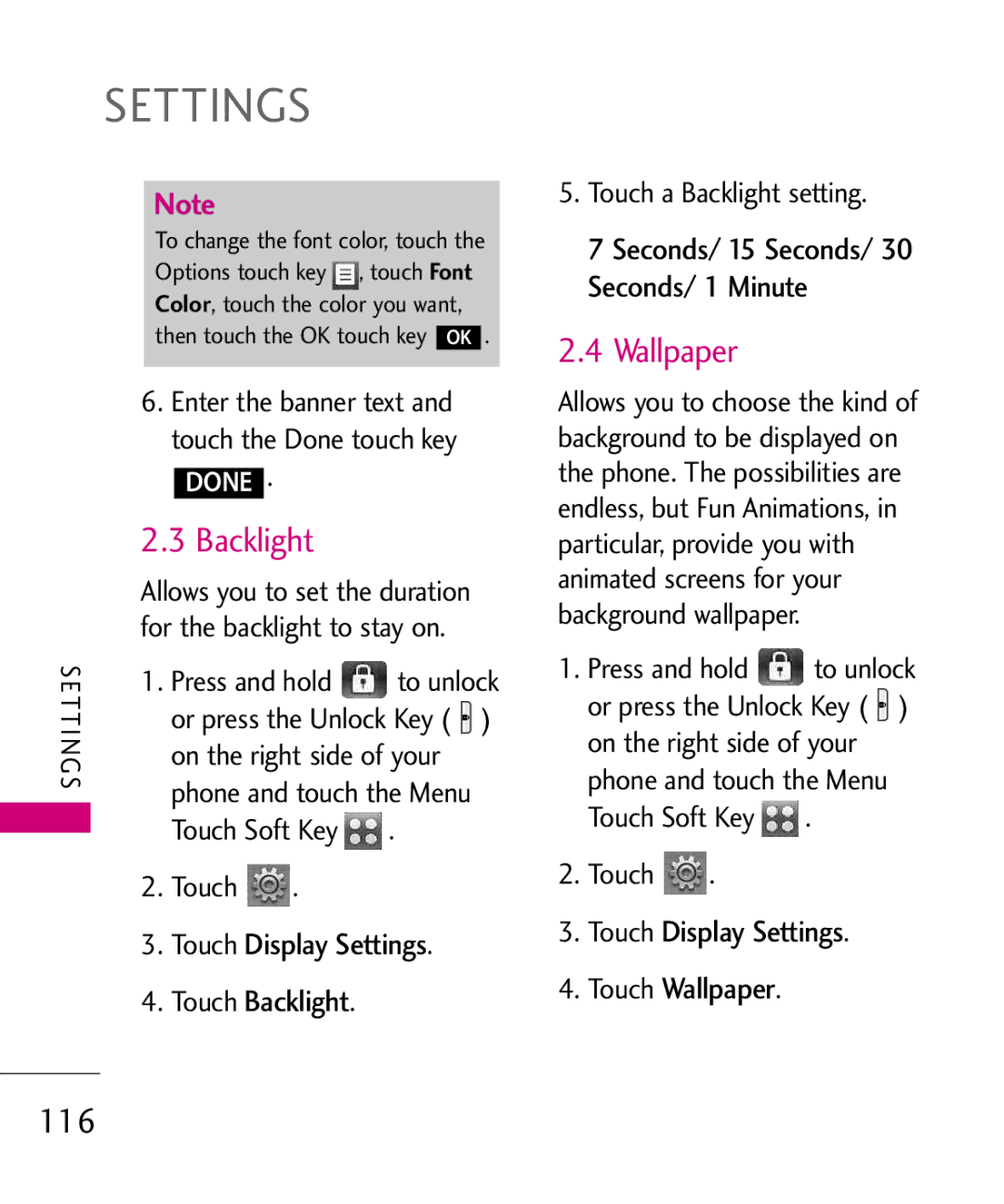 LG Electronics 8575 manual 116, Touch Display Settings Touch Backlight, Touch Display Settings Touch Wallpaper 