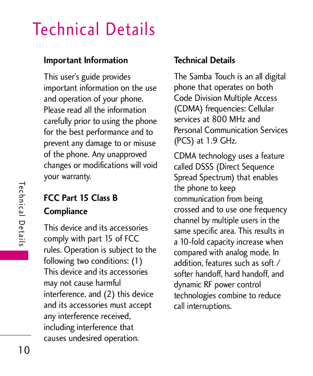 LG Electronics 8575 manual Important Information, FCC Part 15 Class B, Compliance, Technical Details 