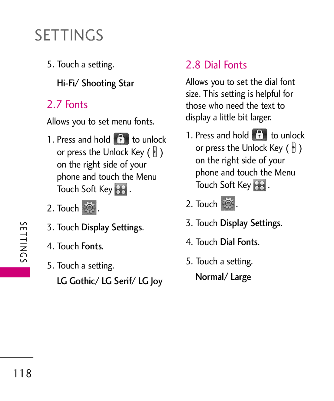 LG Electronics 8575 manual 118, Touch Display Settings Touch Dial Fonts 