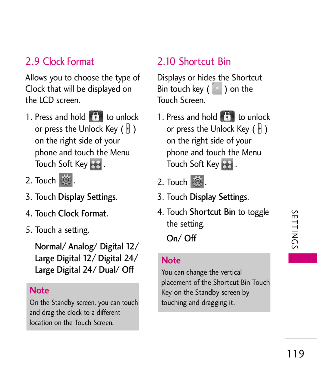 LG Electronics 8575 manual Shortcut Bin, 119, Touch Display Settings Touch Clock Format 