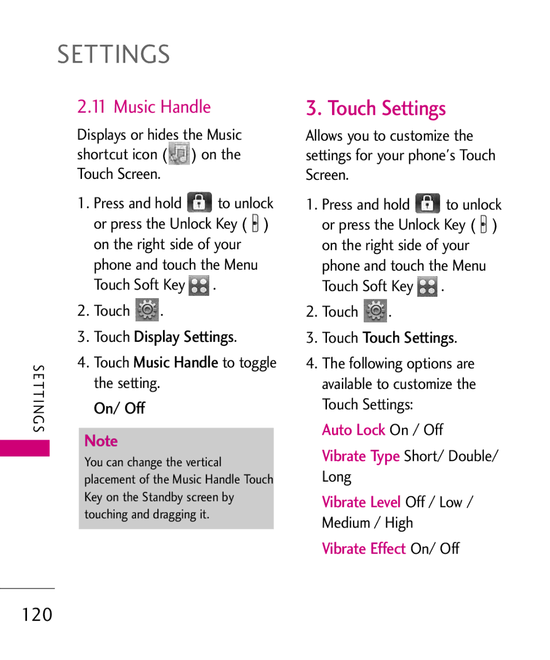 LG Electronics 8575 manual Touch Settings, Music Handle, 120, Auto Lock On / Off, Vibrate Effect On/ Off 