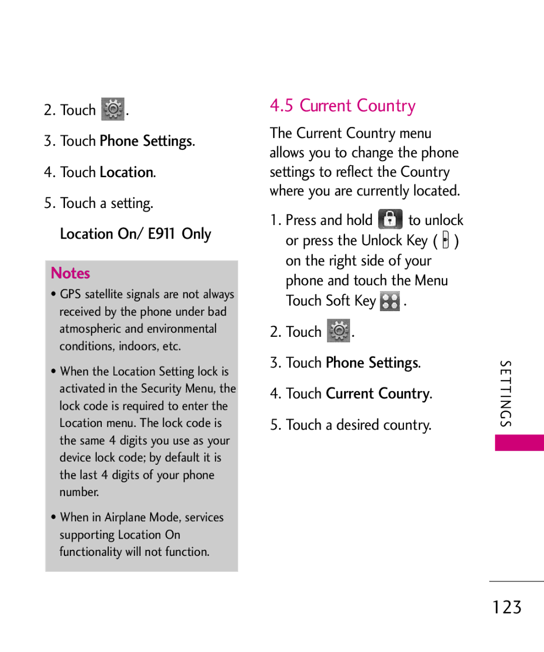 LG Electronics 8575 manual 123, Touch Phone Settings Touch Location, Touch Phone Settings Touch Current Country 