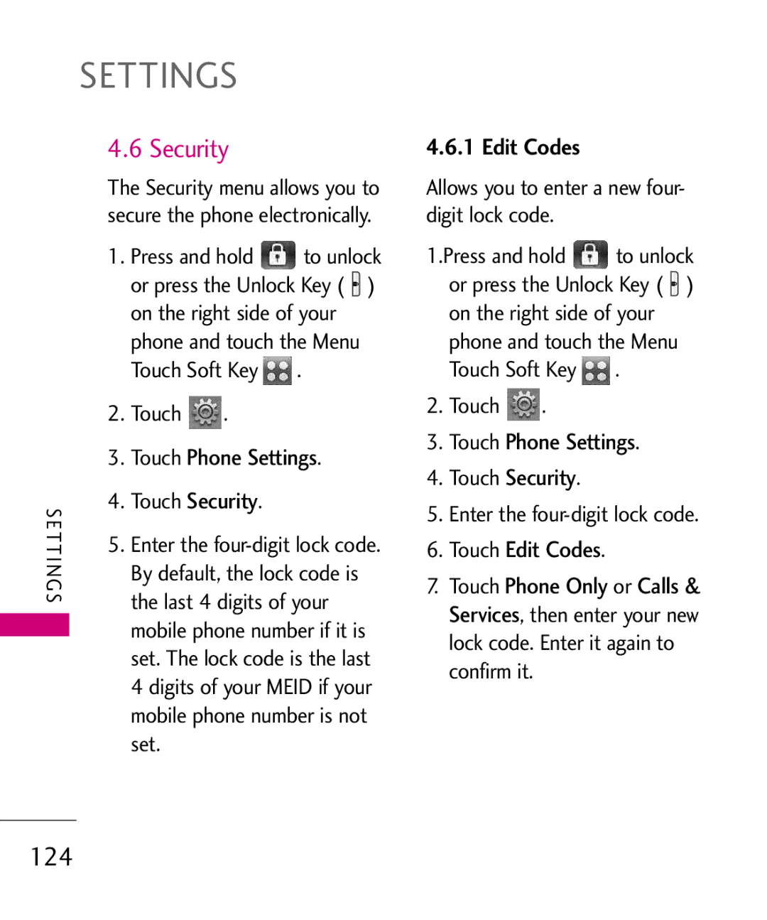 LG Electronics 8575 manual 124, Touch Phone Settings Touch Security, Touch Edit Codes 