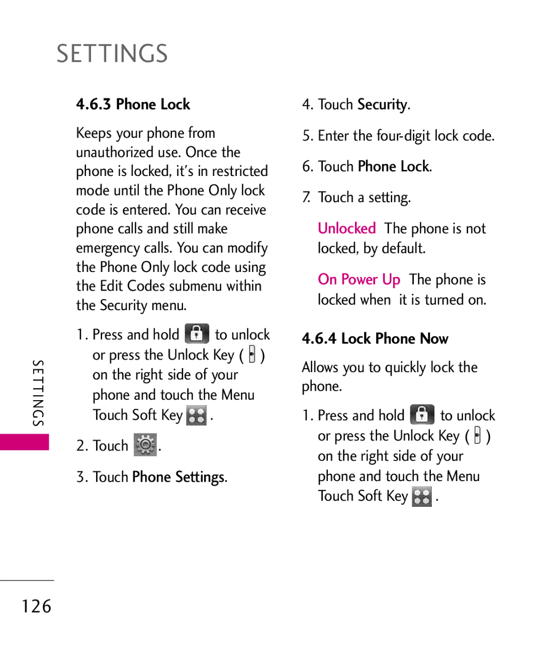 LG Electronics 8575 manual 126, Touch Phone Lock, Lock Phone Now, Allows you to quickly lock the phone 