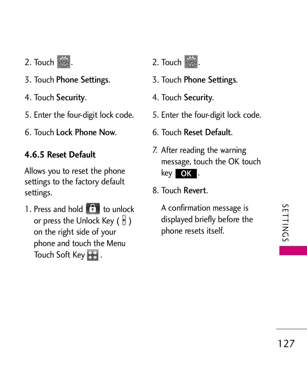 LG Electronics 8575 manual 127, Touch Lock Phone Now, Touch Reset Default 