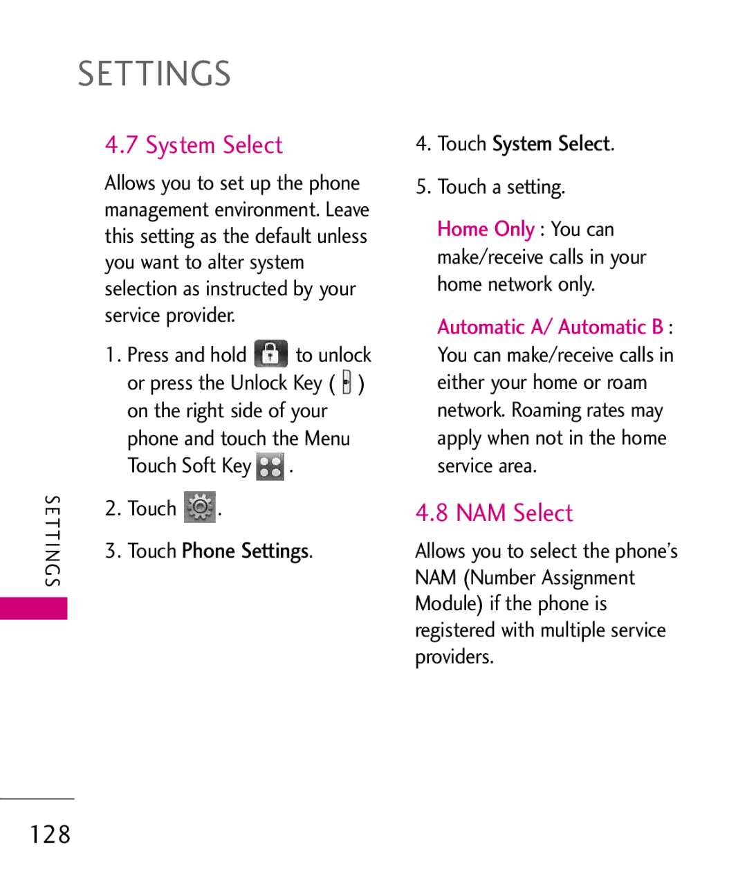 LG Electronics 8575 manual NAM Select, 128, Touch System Select 