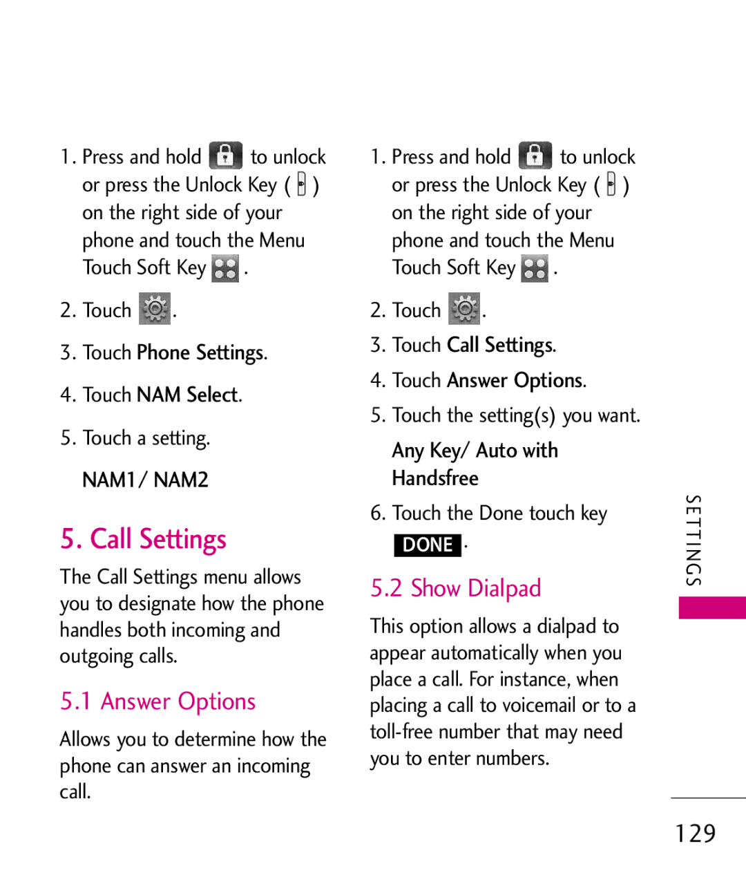 LG Electronics 8575 manual Call Settings, Answer Options, Show Dialpad, 129 