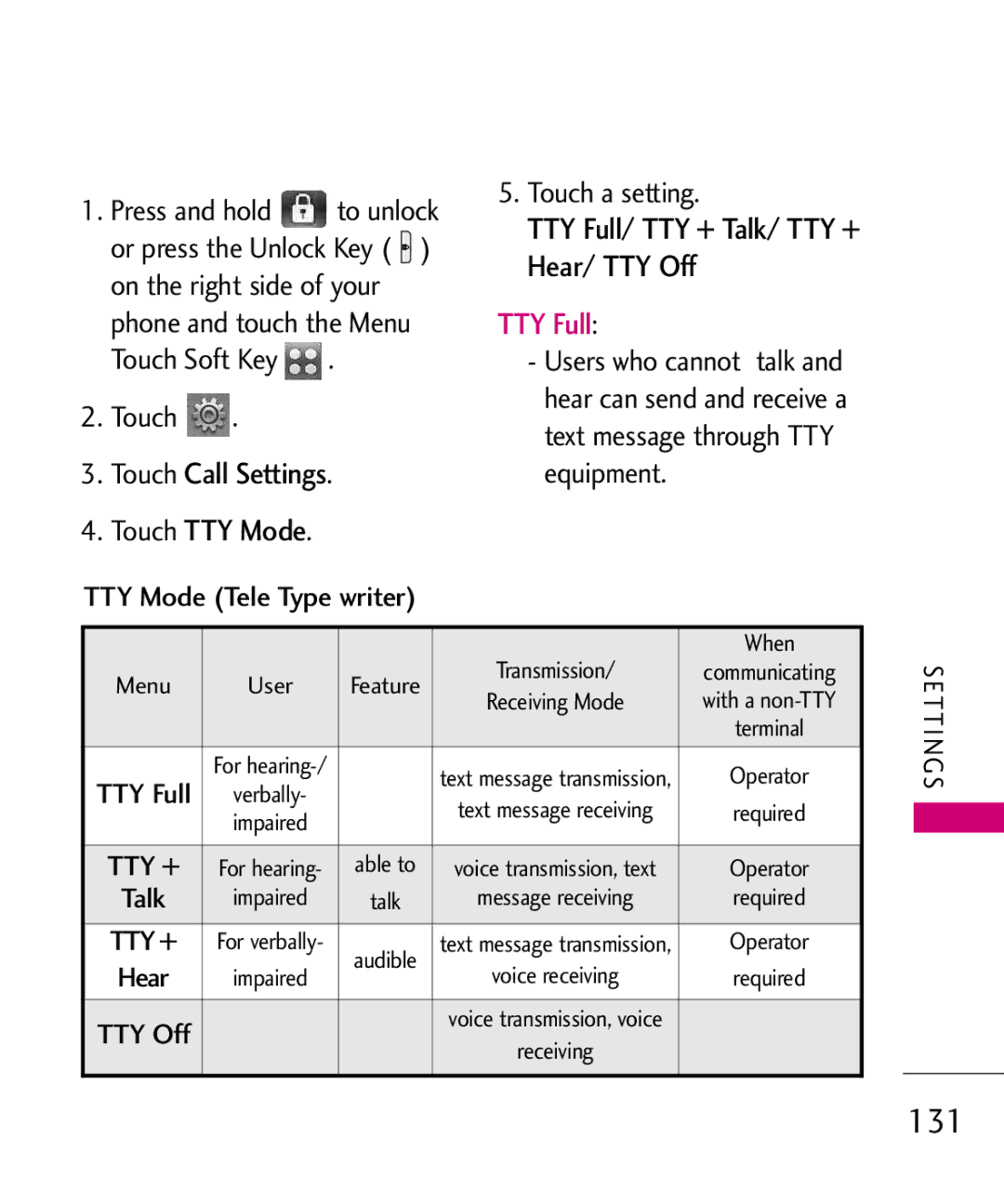 LG Electronics 8575 manual 131, Touch Call Settings Touch TTY Mode, TTY Full/ TTY + Talk/ TTY + Hear/ TTY Off 