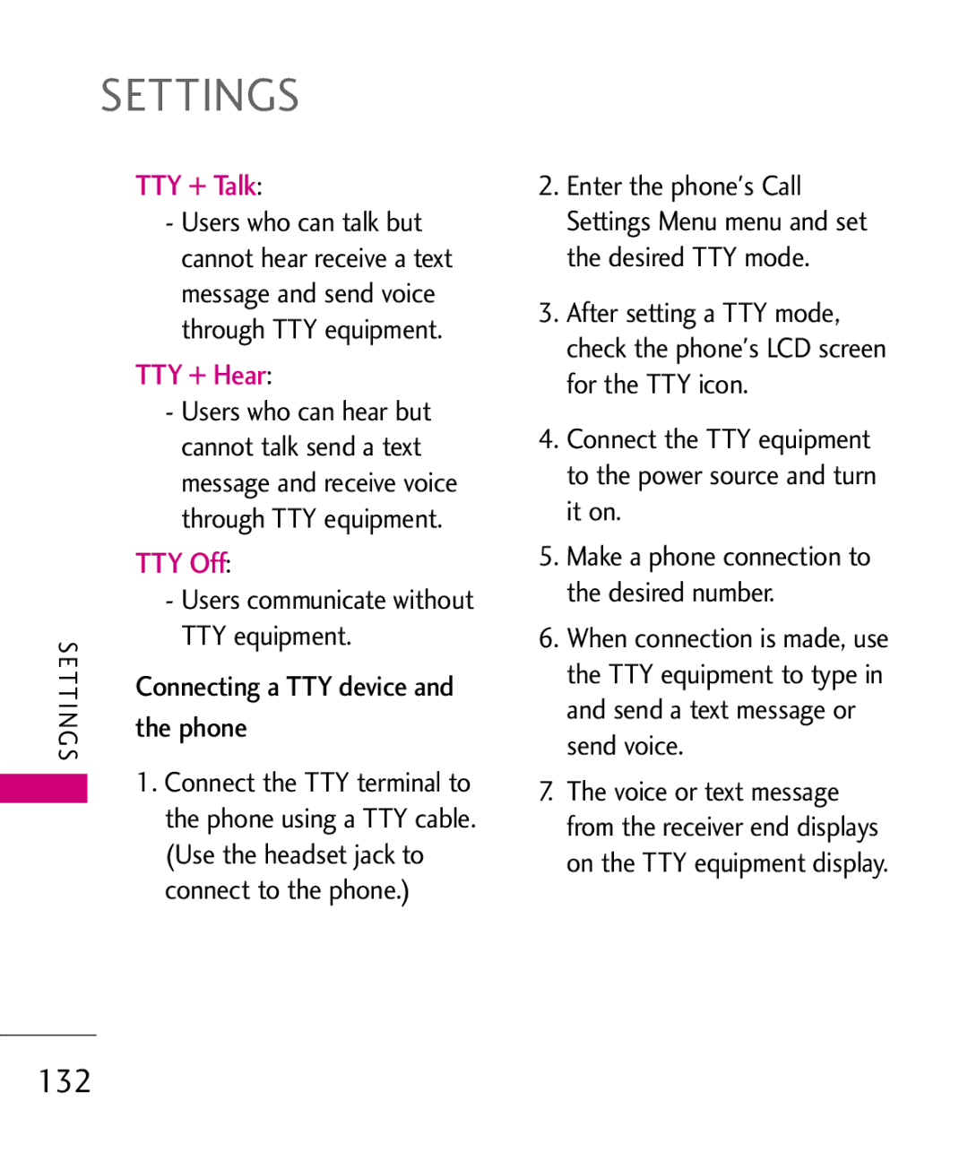 LG Electronics 8575 manual 132, TTY + Talk, TTY + Hear, TTY Off 