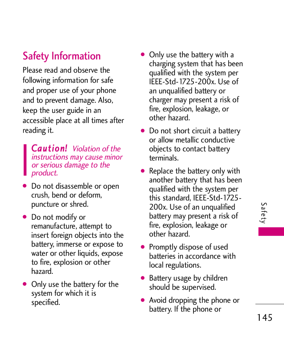 LG Electronics 8575 manual Safety Information, 145, Avoid dropping the phone or battery. If the phone or 