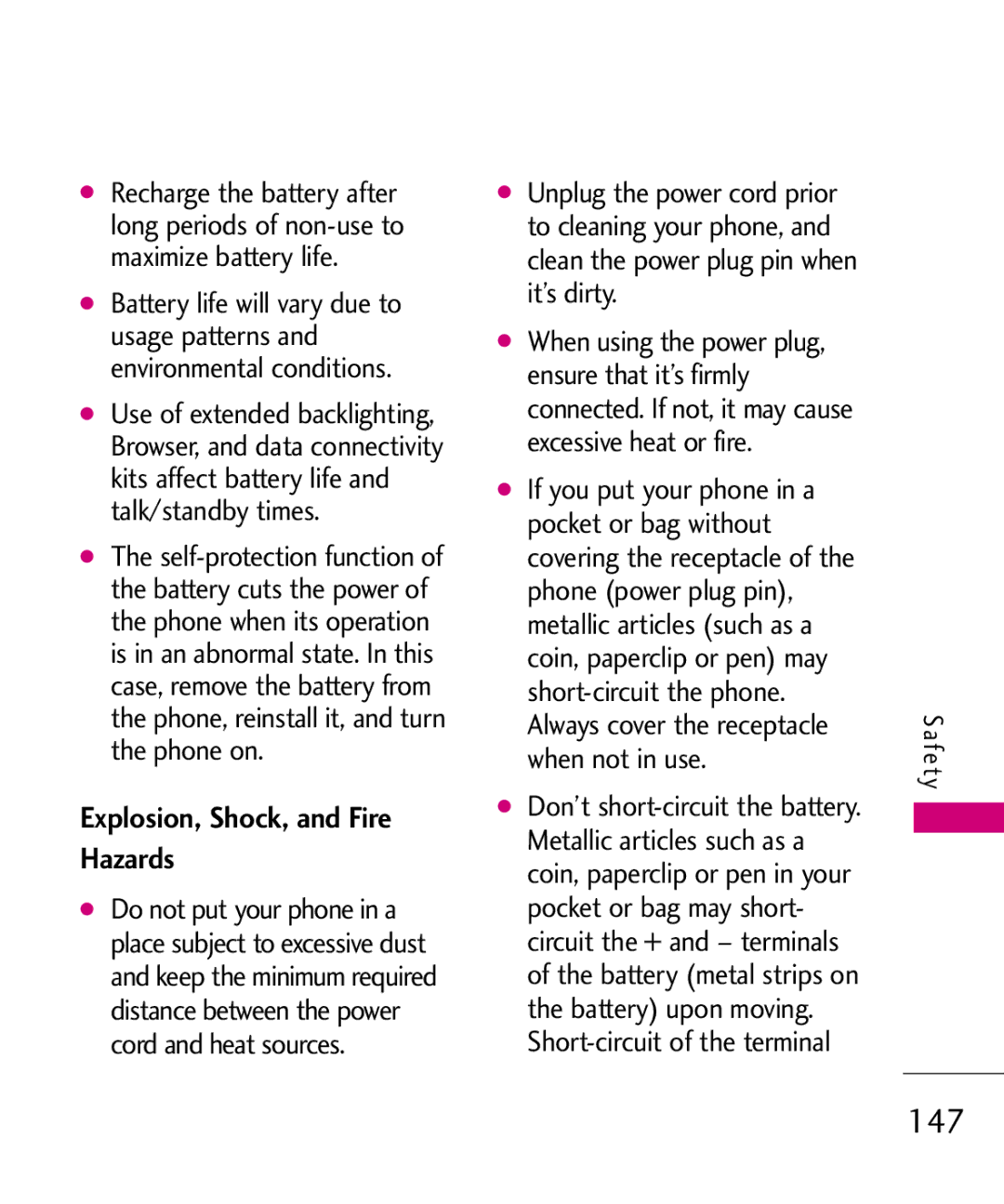 LG Electronics 8575 manual 147, Explosion, Shock, and Fire Hazards 