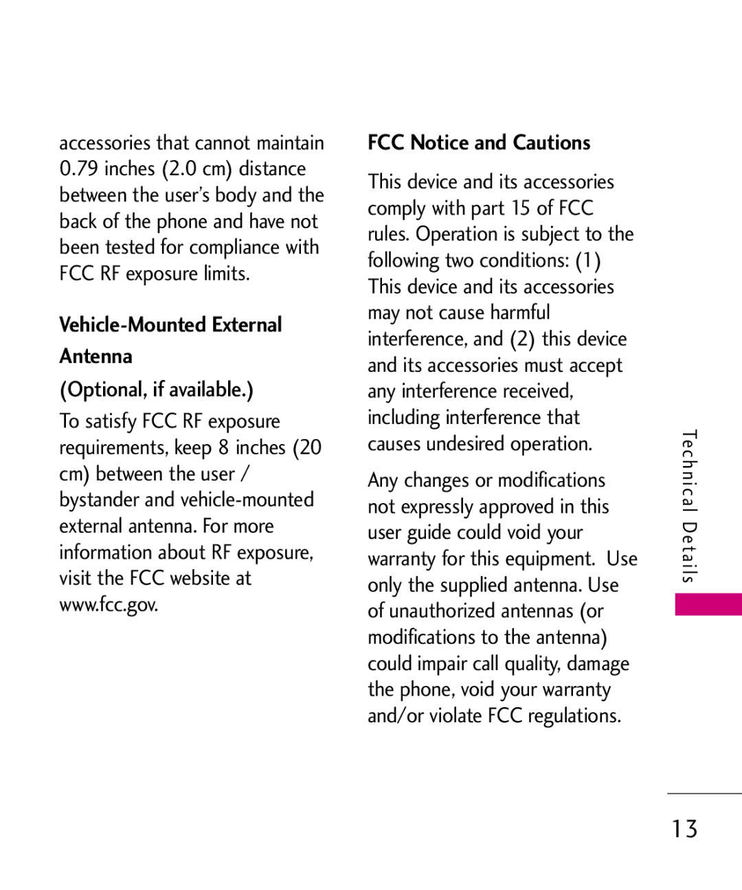 LG Electronics 8575 manual Vehicle-Mounted External Antenna, Optional, if available, FCC Notice and Cautions 