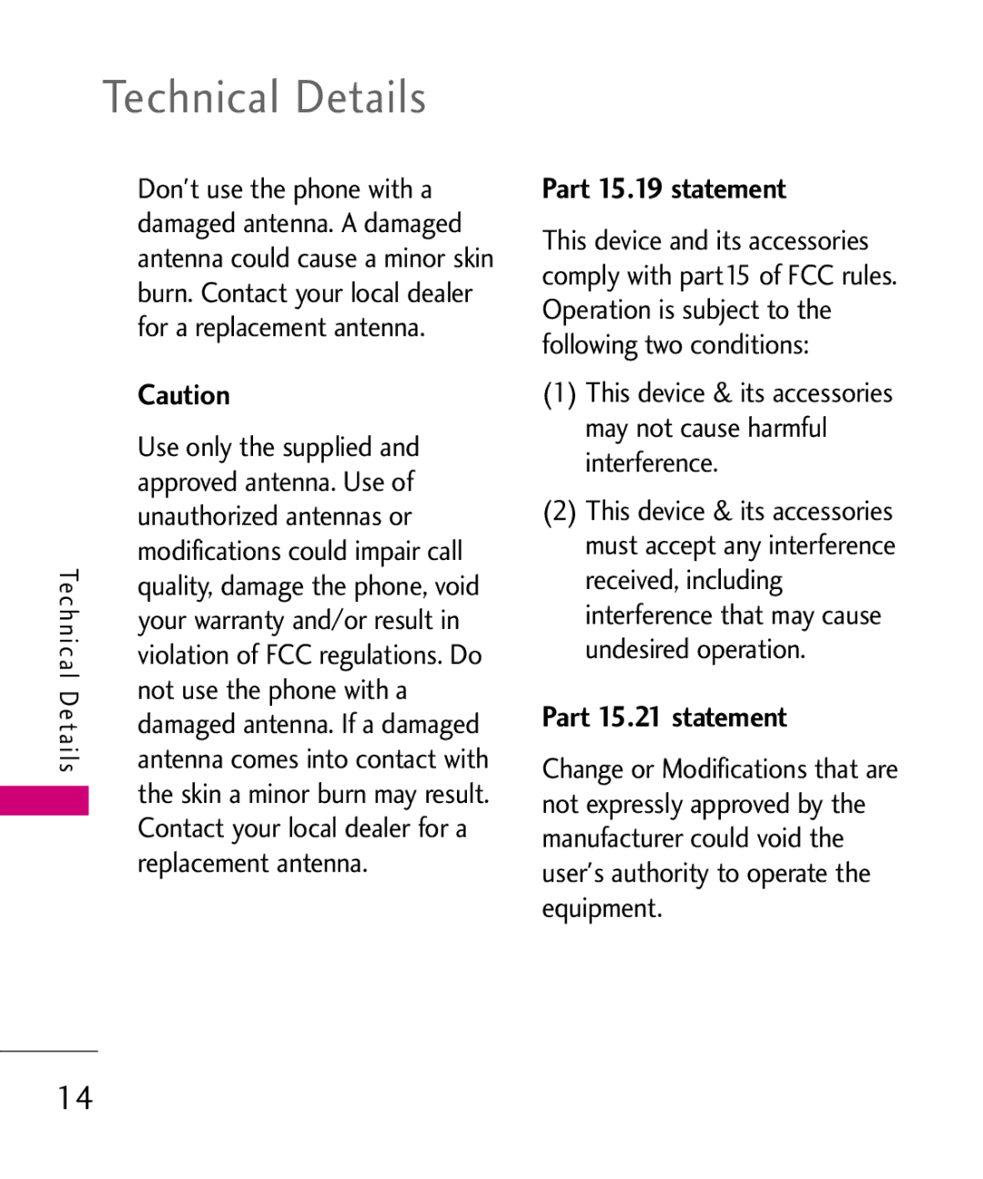 LG Electronics 8575 manual Part 15.19 statement, Part 15.21 statement 