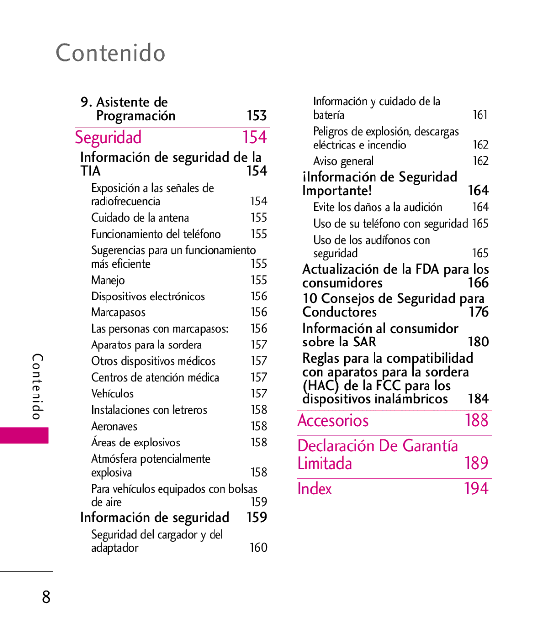 LG Electronics 8575 manual Seguridad 154, Accesorios 188, Limitada 189, Index 194 