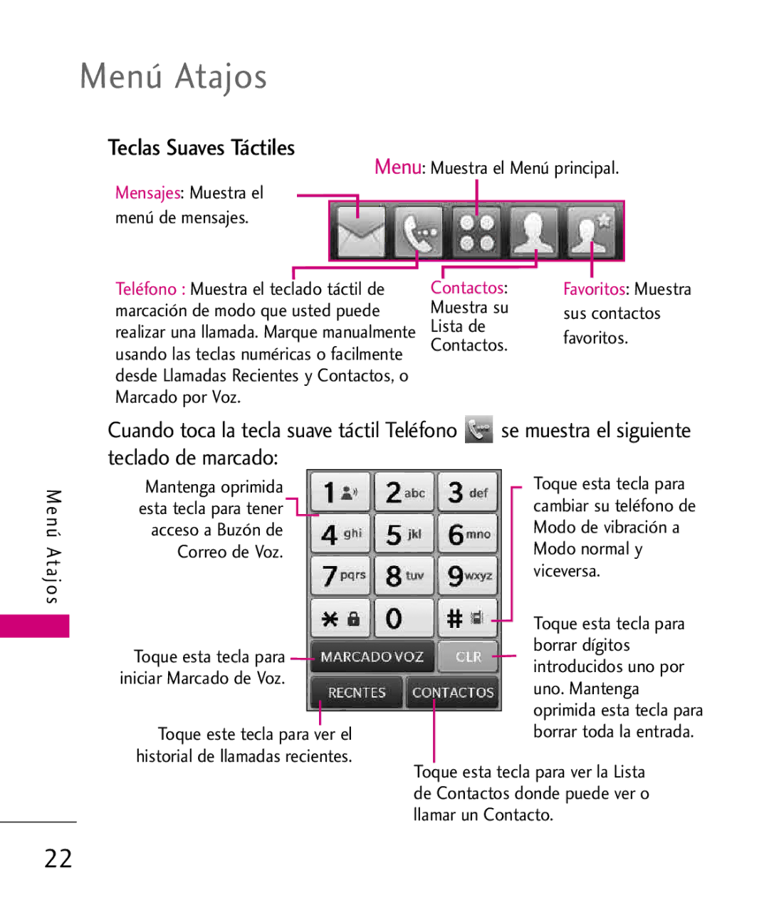 LG Electronics 8575 manual Menú Atajos, Teclas Suaves Táctiles 