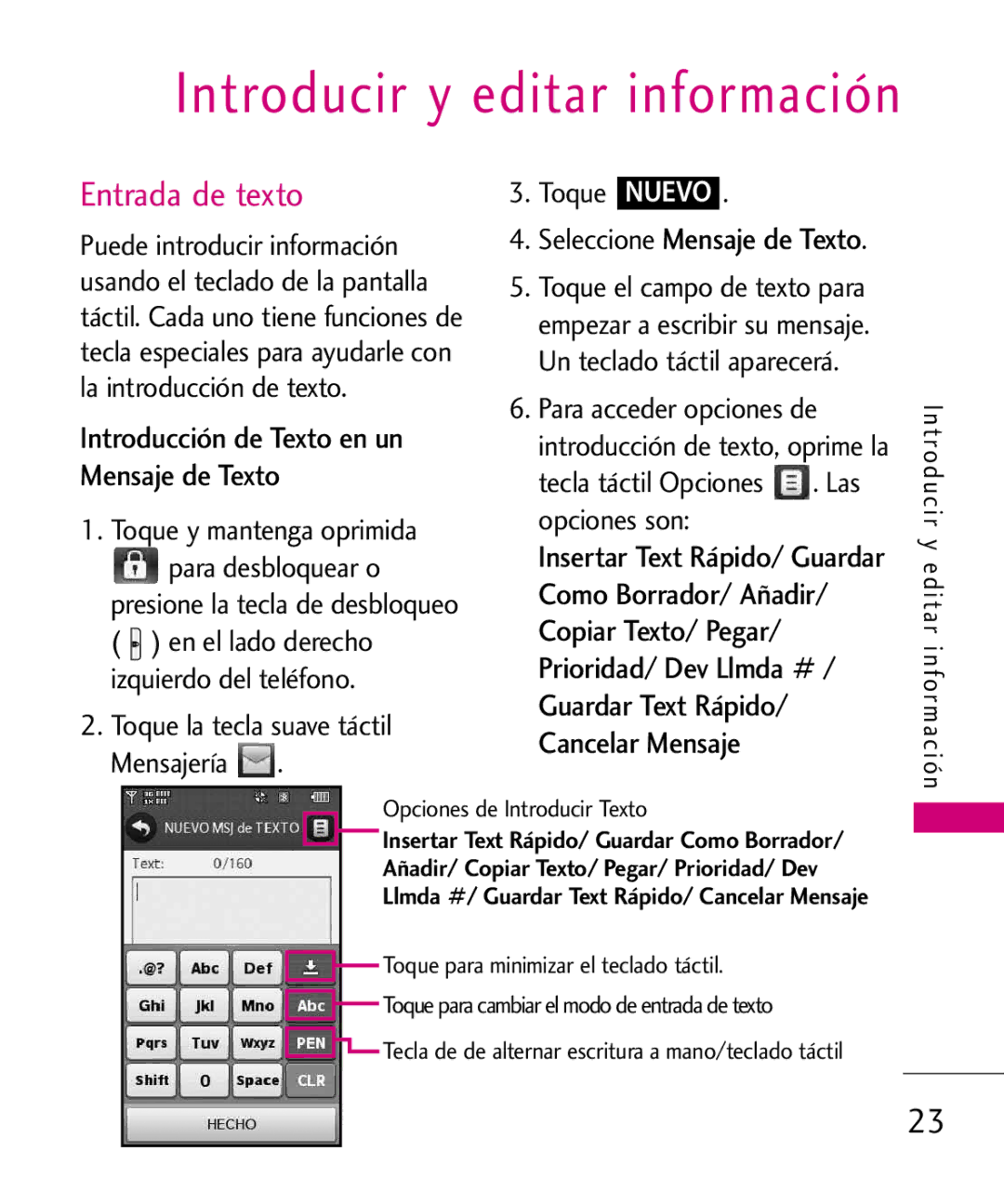 LG Electronics 8575 manual Introducir y editar información, Entrada de texto, Para acceder opciones de 