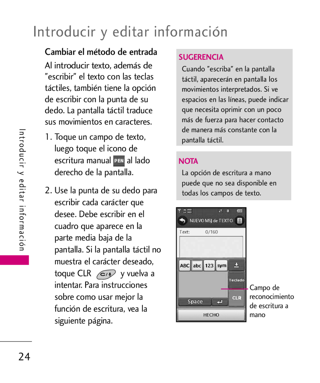 LG Electronics 8575 manual Introducir y editar información, Cambiar el método de entrada 